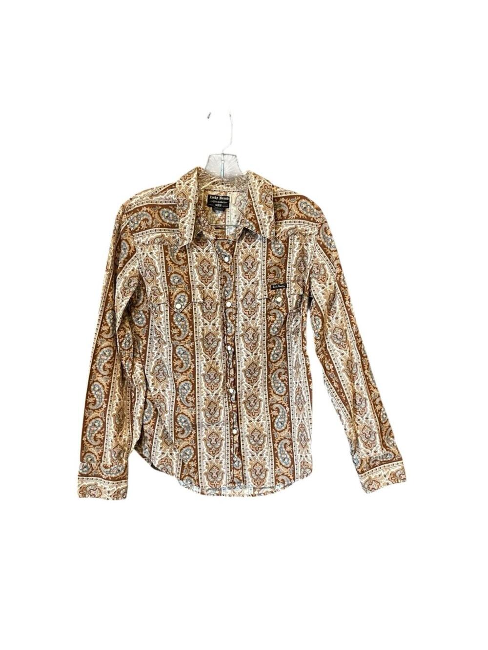 Lucky Brand Womens L Corduroy Paisley Western Snap Shirt Brown Boho Cotton